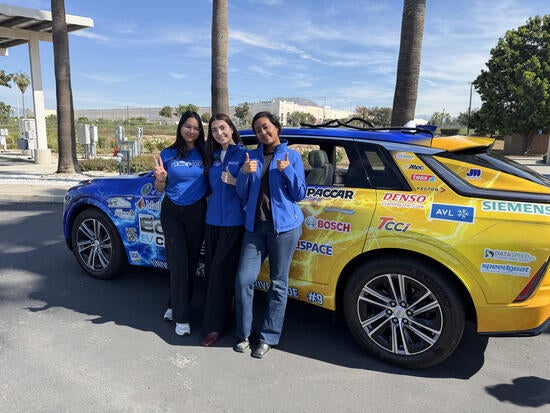 Semaria Kebede Communications Manager and Maryam Noor PM for EcoCAR UCR with member Manshavi 